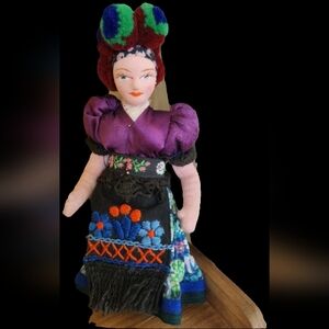 Hungarian costume 7" doll Folk art doll with Matyo embroidery handmade bobbin la